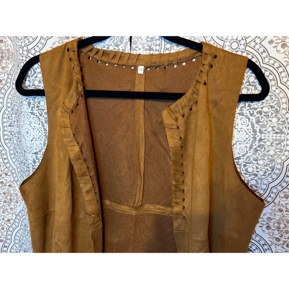 Hippie Costume Set With Fringe Vest Feather Earrings Beaded Headband & Round Sun - Picture 4 of 10